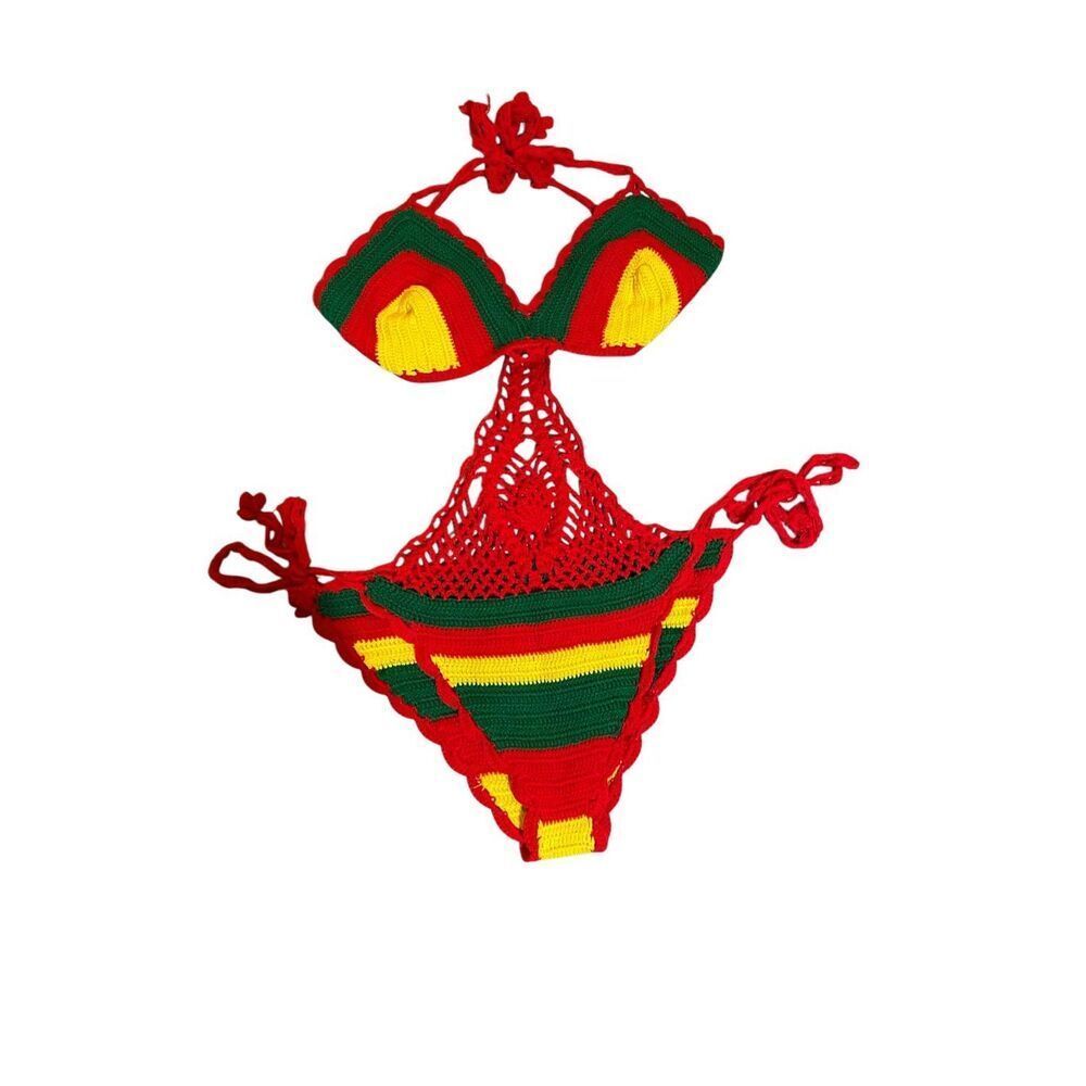 One piece women’s knitted, red green, and yellow swimsuit L